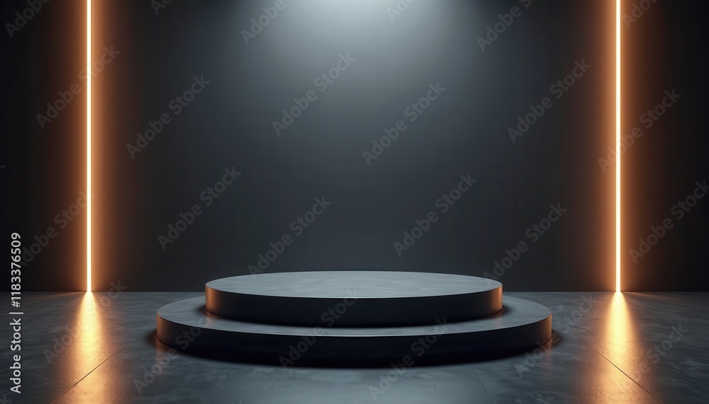 A dark charcoal 3D-rendered space with a luminous podium and linear light accents. A dark charcoal 3D-rendered space with a luminous podium and linear light accents.