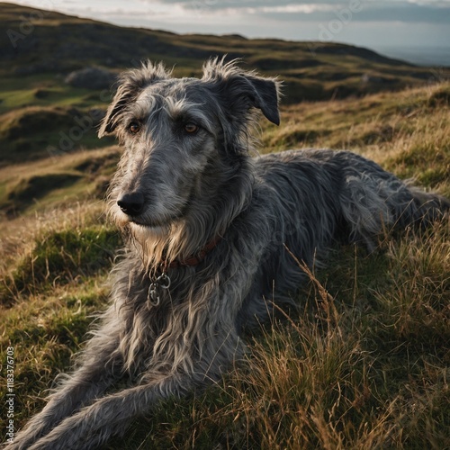 A Scottish deerhound resting on a grassy hill. photo