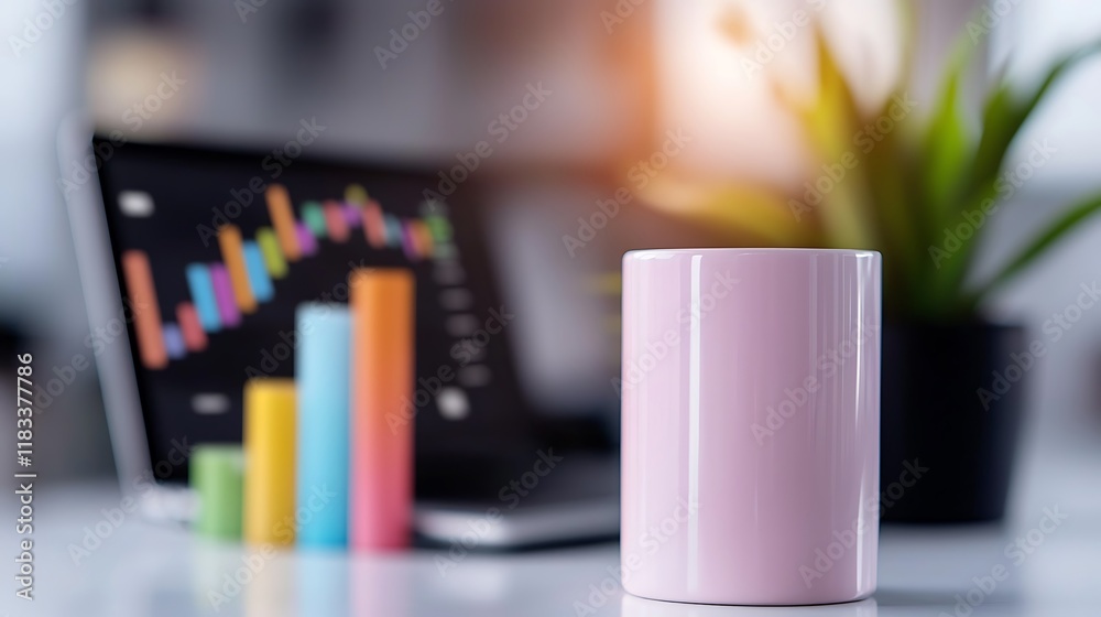 Pink mug on desk with blurred laptop showing colorful bar graph. Pink mug on desk with blurred laptop showing colorful bar graph.
