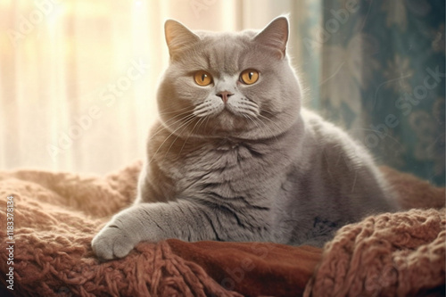 Wallpaper Mural a British Shorthair cat, showcasing its plush grey fur and round face. The cat sits gracefully on a soft, warm blanket in a cozy living room, sunlight streaming through a window, illuminating its brig Torontodigital.ca