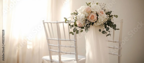 Elegant Wedding Chair Decor: Peach Roses and Hydrangeas photo