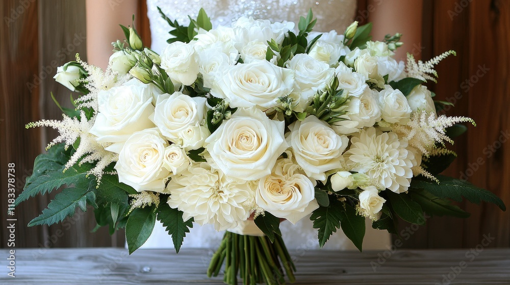 Elegant White Bridal Bouquet: A Stunning Arrangement of Roses, Dahlias, and Greenery