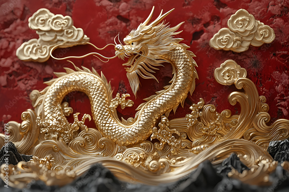 Fototapeta premium Golden dragon a vibrant art