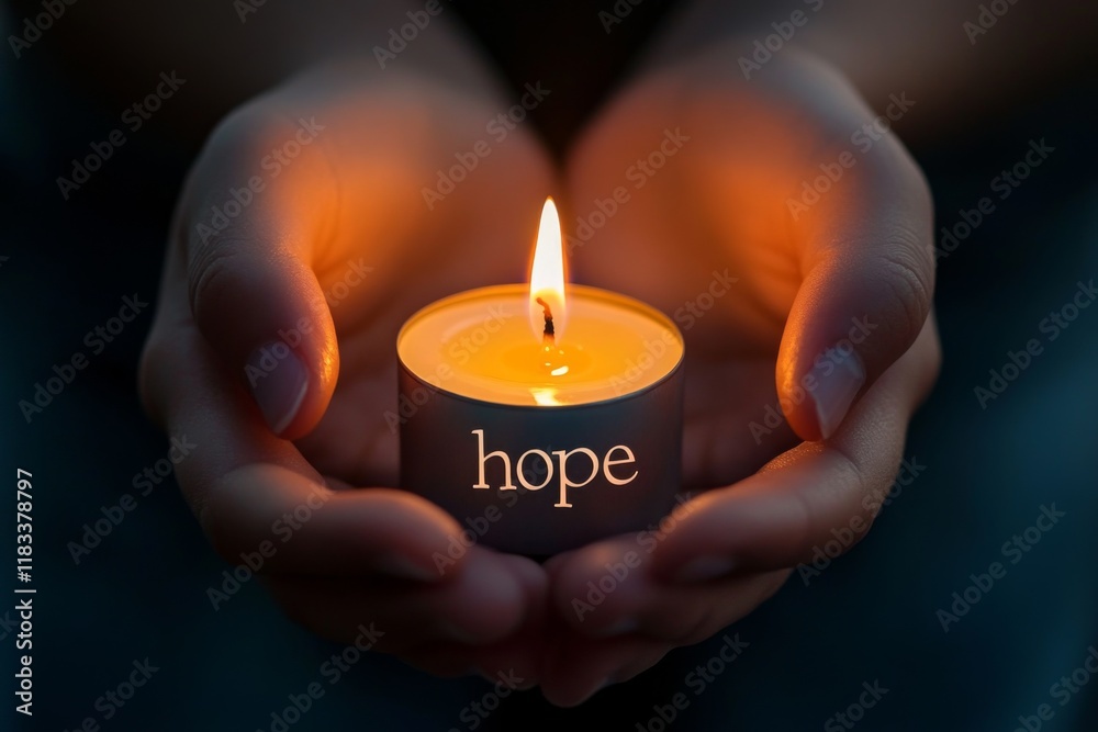 Hands holding glowing hope candle in darkness Hands holding glowing hope candle in darkness