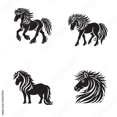 4 Set of Elegant Vector Silhouettes of the Icelandic Horse on a Pristine White Background