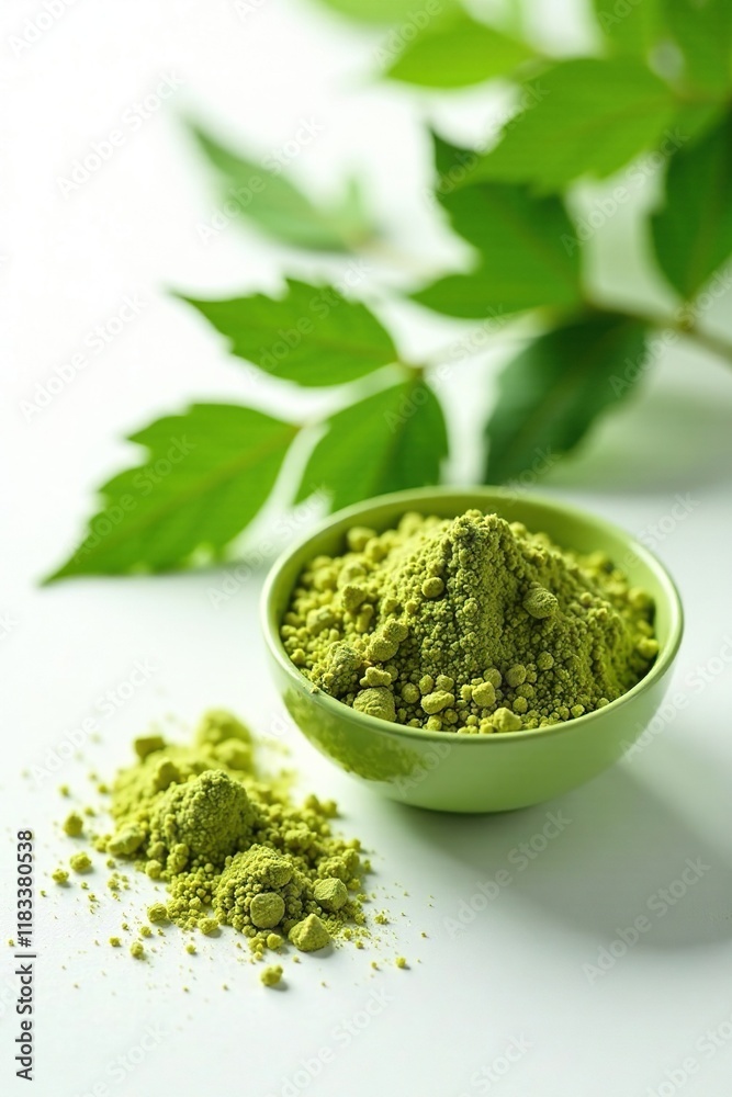 Moringa leaf powder in a small container with a dropper and white background, plant extract, herb, powder Moringa leaf powder in a small container with a dropper and white background, plant extract, herb, powder