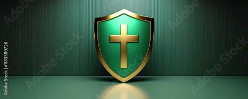 A golden cross symbol on a green shield representing faith and protection.