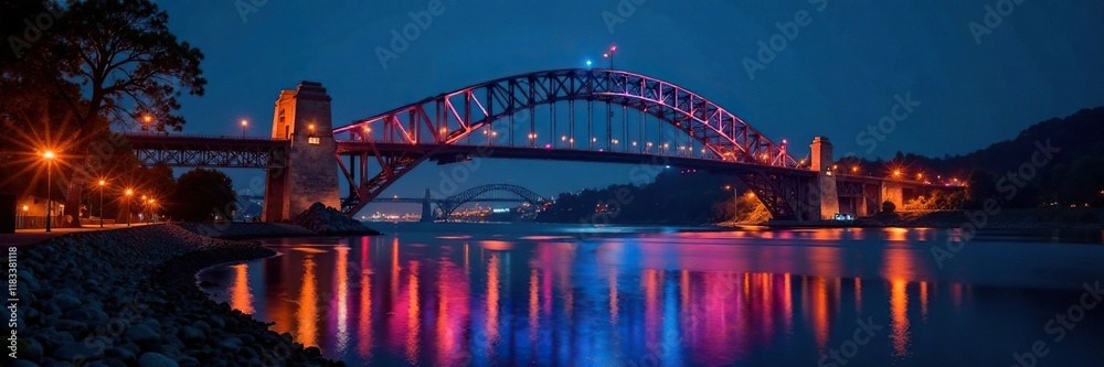 Naklejka premium Nighttime scene of a glowing bridge with the river flowing beneath it in darkness, glow, water
