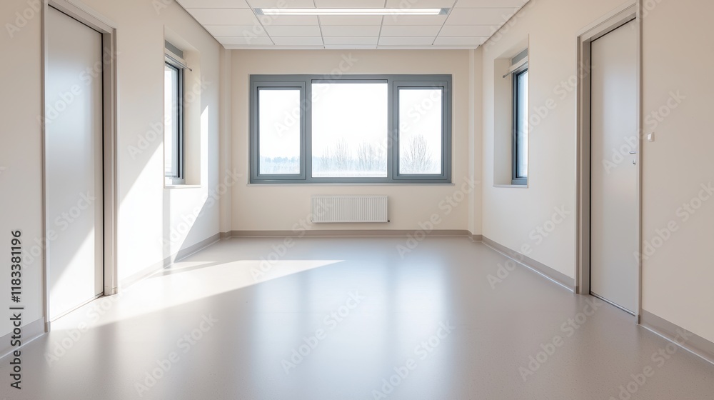 Empty modern office room with large windows providing natural light Empty modern office room with large windows providing natural light
