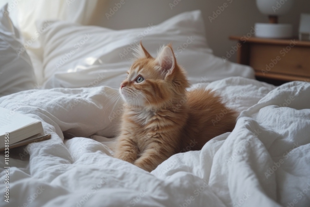 Ginger tabby cat lying on a white bed symbolizing relaxation and comfort