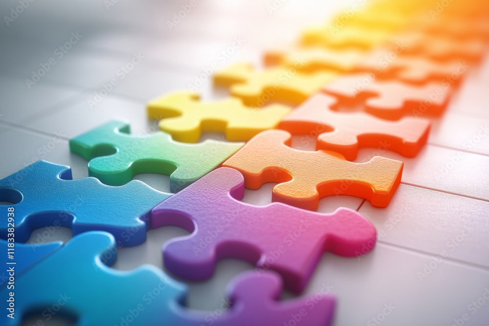 Fototapeta premium Colorful puzzle pieces connected together on a white background
