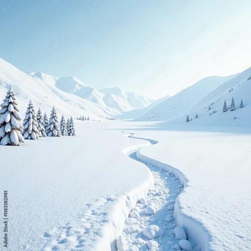 Fototapeta premium Pure white snowscape with gentle hills in the distance, calm, cold