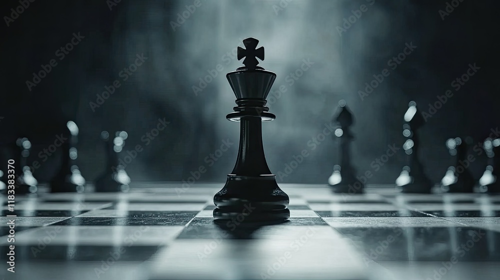 Chess pieces on a board with a victorious king in focus, no people, with copy space Chess pieces on a board with a victorious king in focus, no people, with copy space