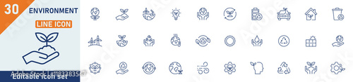 Environment line icon set. Set of 30 outline icons related to nature, eco, recycling, ecology, environment, energy, green energy, earth, net zero and others. Editable stroke. Vector illustration.
