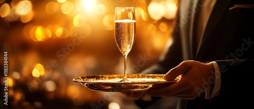 Elegant champagne glass on a luxury tray. photo