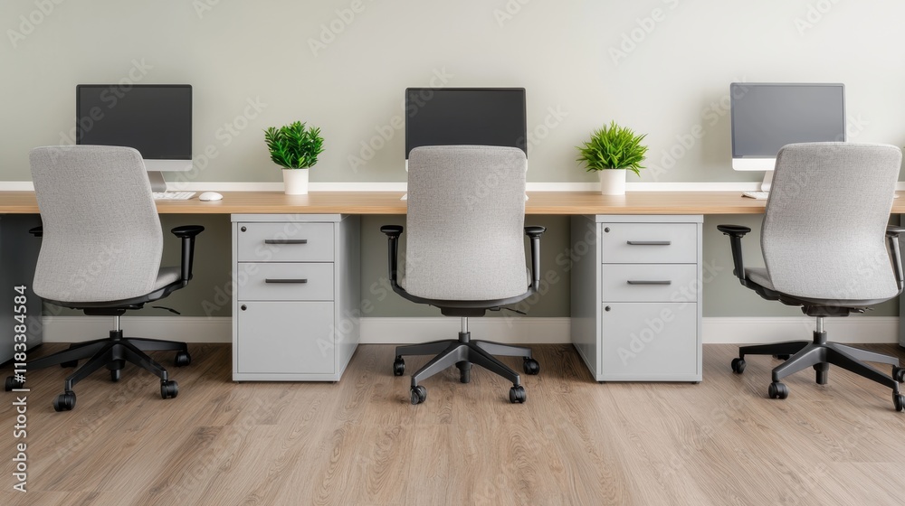 Modern office space with row of desks, computers and potted plants Modern office space with row of desks, computers and potted plants