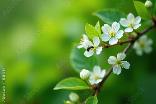 Small white flowers on blackhaw branches with insects, black haw, meadows, small white photo