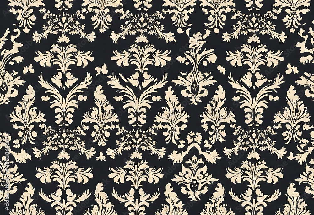 Fototapeta premium Elegant Black and Cream Damask Pattern Design. This image showcases a sophisticated damask pattern in black and cream tones