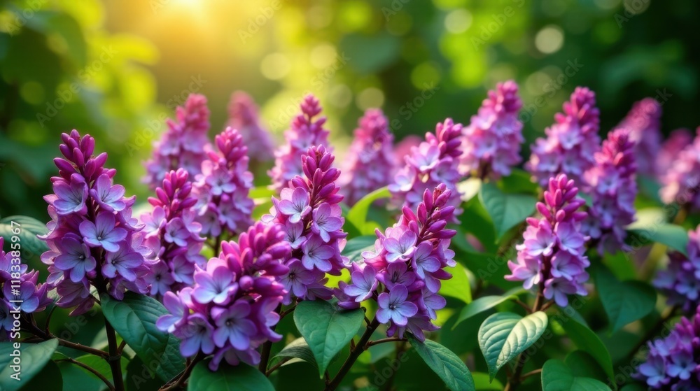 Vibrant purple lilac blossoms bathed in the warm glow of sunlight, a picturesque springtime scene of delicate floral beauty Vibrant purple lilac blossoms bathed in the warm glow of sunlight, a picturesque springtime scene of delicate floral beauty