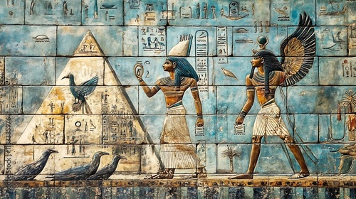 Ancient symbolic illustrations on pyramid walls