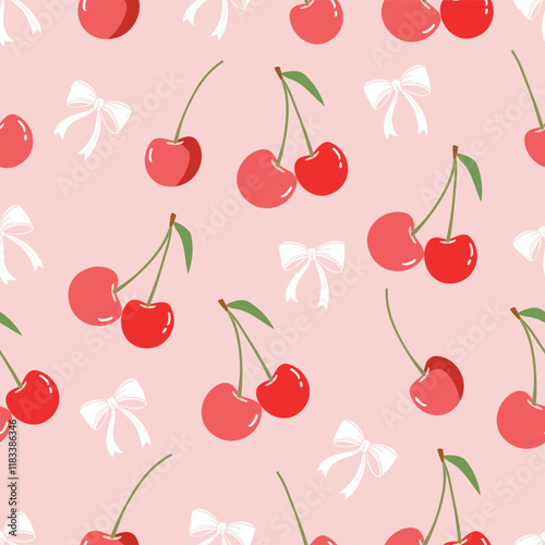 Pink Cherry white bow Red cherry shinny cherry light pink background, Vector semless pattern.