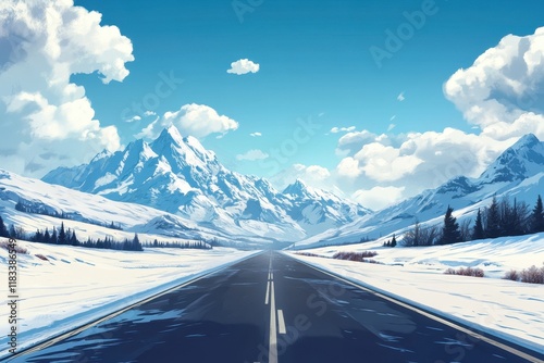 Snowy mountain road journey winter landscape digital art photo