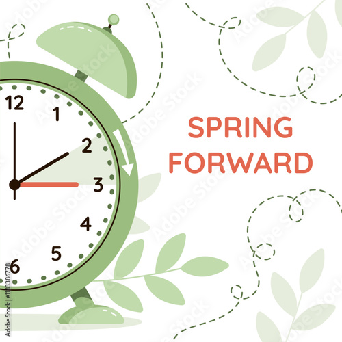 Spring Forward, Summer Time, Daylight saving time. Clock set to an hour ahead. Web banner of alarm clock with green foliage with call to switch to dst.