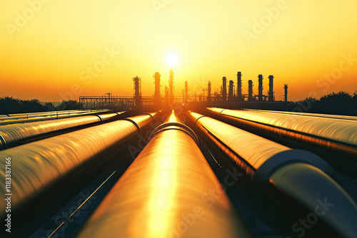 Oil refinery with towering structures and pipelines at sunset photo