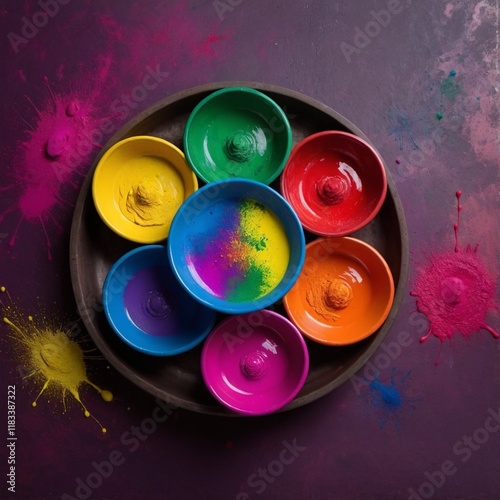 Happy Holi top view of colorful holi colors in bowls with Splash, Concept Indian color festival.