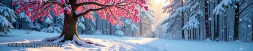 Virburnum tree in a snowy forest landscape with snowflakes falling around it, frozen, winter photo