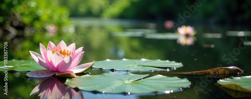 Water lilies blooming on river surface with soapwort plant in background, river, aquatic photo