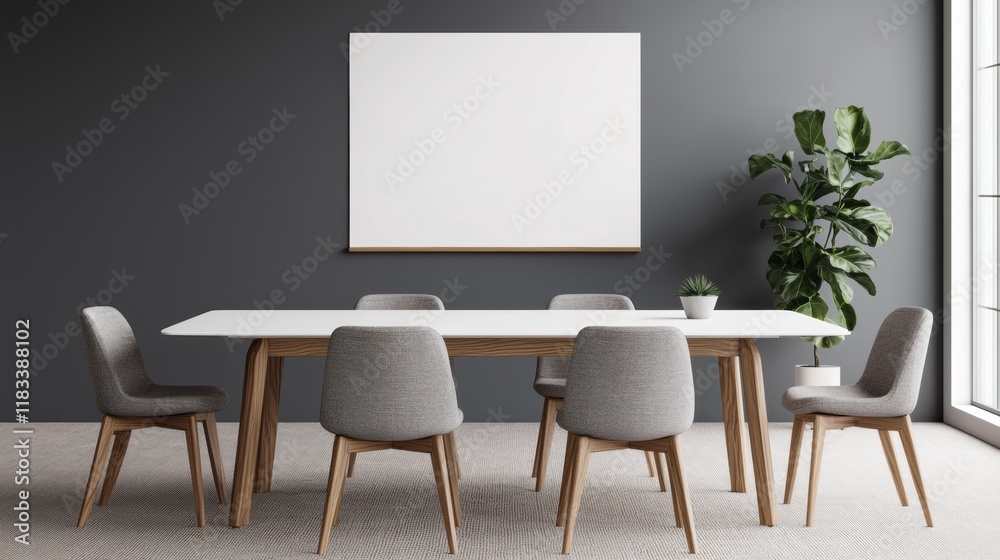 Modern office meeting room with blank whiteboard, table and chairs Modern office meeting room with blank whiteboard, table and chairs