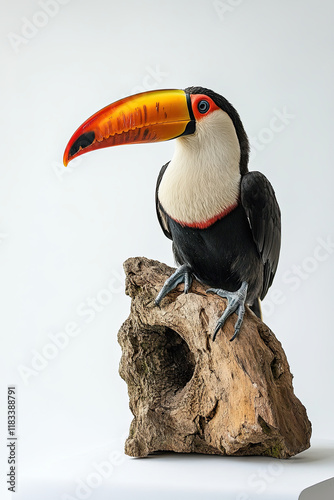 Toucan with a colorful beak, perched on a white background, capturing tropical appeal photo