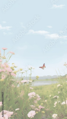 Aesthetic butterfies and flower landscape wallpaper grassland butterfly outdoors. photo