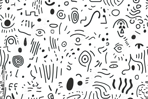 Seamless pattern of hand-drawn doodles in black on a white background