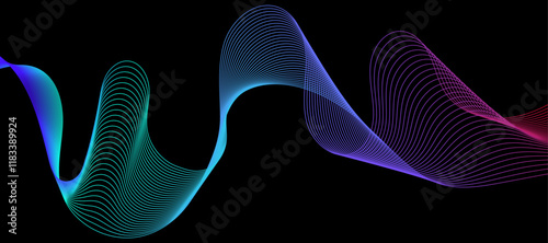 Features flowing abstract waves in vibrant colors, showcasing a sleek and modern graphic style. The background is solid black, emphasizing the dynamic movement of the waves. Vector illustration.