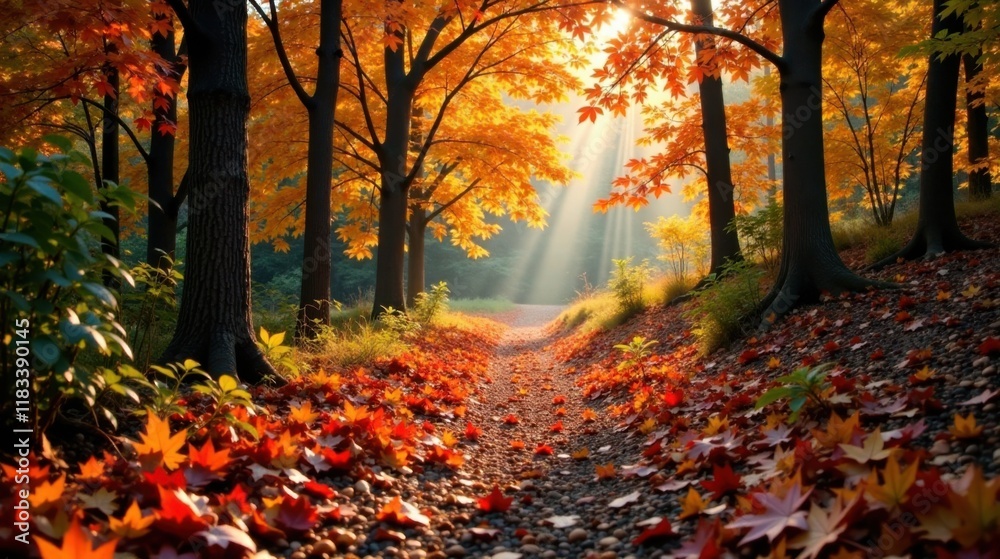 Naklejka premium Serene Autumn Path Sunbeams Illuminate a Gravel Road Lined with Vibrant Red and Orange Leaves
