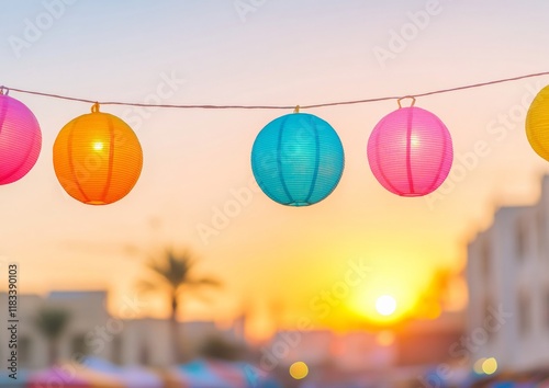 Vibrant Ramadan Begins Colorful Lanterns at Sunset for Cultural Celebrations like Diwali and Hanukkah photo