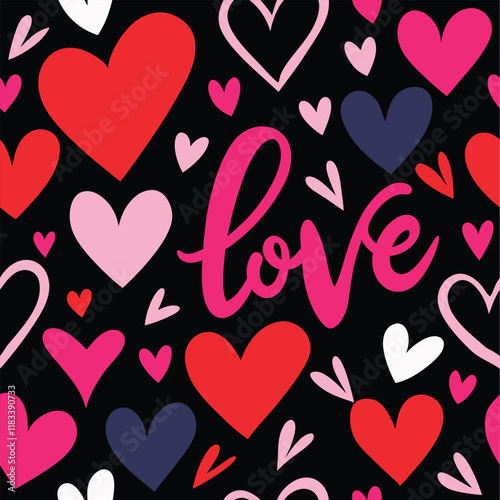 Colorful Hearts and Love Text Pattern on Black Background for Valentine's Day and Romantic Themes

