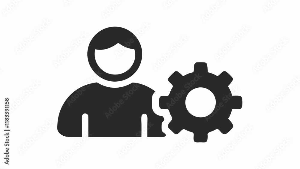 Simple black icon, human silhouette, gear symbol, user settings concept, minimalist design, high contrast, flat graphic, profile management illustration, system configuration pictogram, black and whit Simple black icon, human silhouette, gear symbol, user settings concept, minimalist design, high contrast, flat graphic, profile management illustration, system configuration pictogram, black and whit