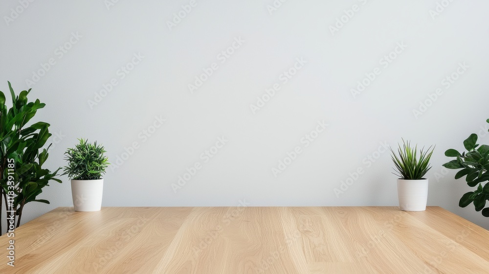 Empty wooden table with plants showing serene workspace promoting productivity and mindfulness Empty wooden table with plants showing serene workspace promoting productivity and mindfulness