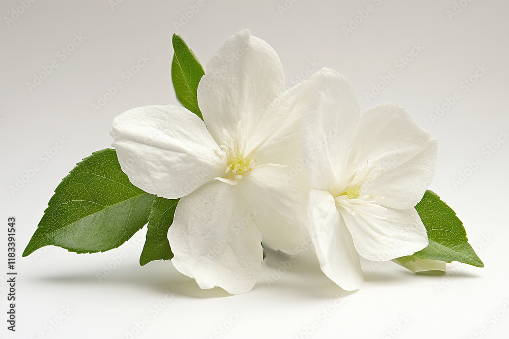 Obraz premium Close-up of a white jasmine flower with delicate petals and green leaves