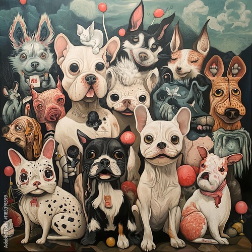 A Colorful Gathering of Dogs: A Whimsical Canine Portrait photo