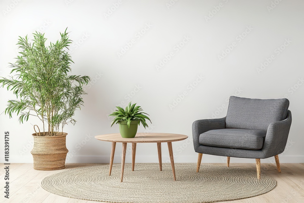 Grey armchair, wooden coffee table, plants, minimalist room, interior design Grey armchair, wooden coffee table, plants, minimalist room, interior design