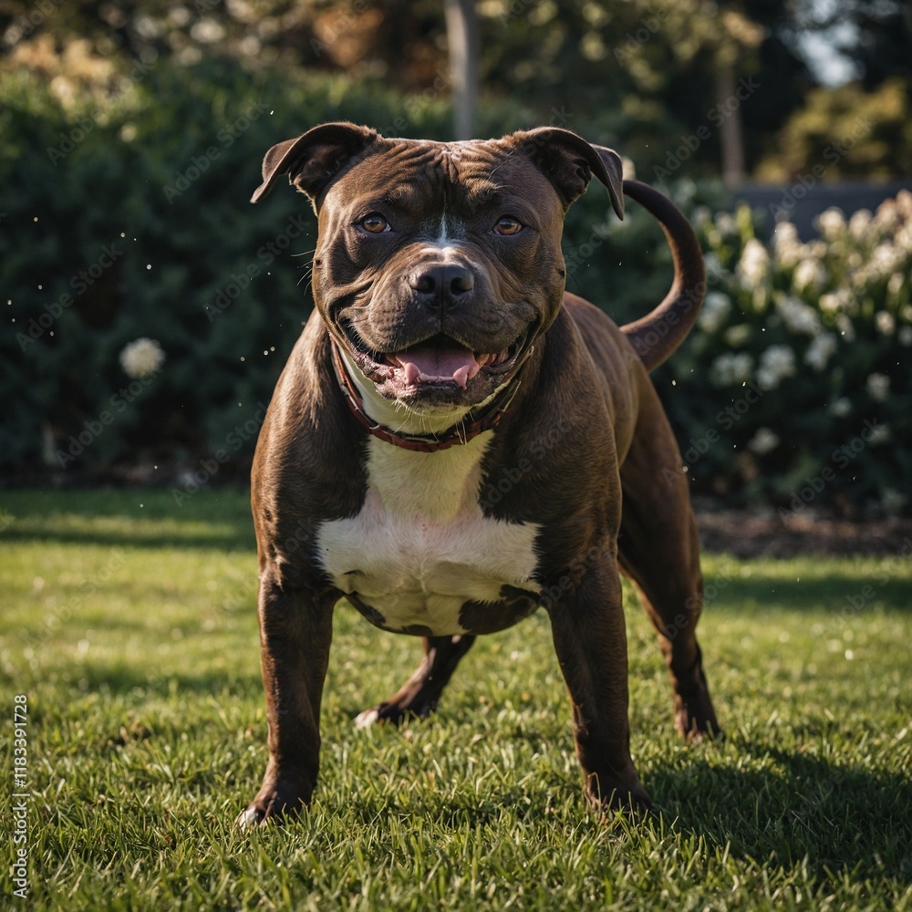 A playful Staffordshire bull terrier in a suburban backyard. A playful Staffordshire bull terrier in a suburban backyard.