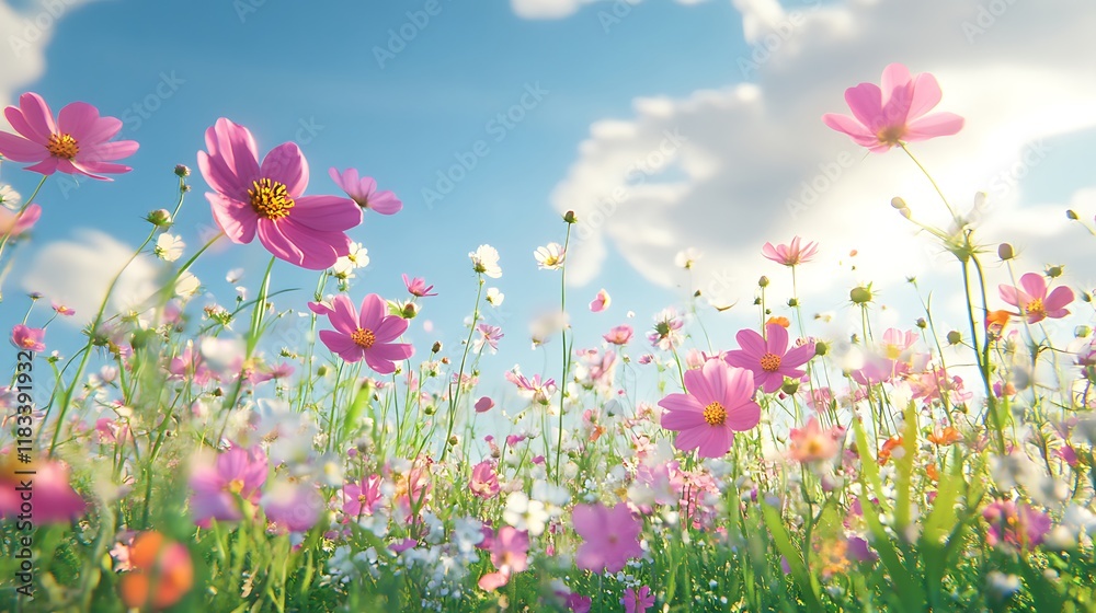 Beautiful Field of Colorful Spring Wildflowers Under a Sunny Blue Sky Beautiful Field of Colorful Spring Wildflowers Under a Sunny Blue Sky