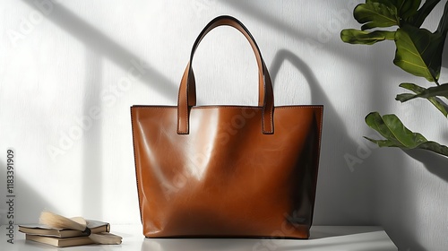 A brown purse sits on a table next to a stack of books
