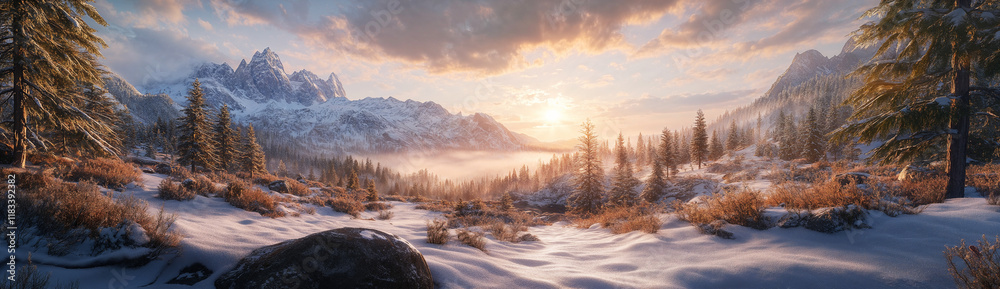 Fototapeta premium breathtaking sunrise over snowy mountains and pine forests creates serene landscape.