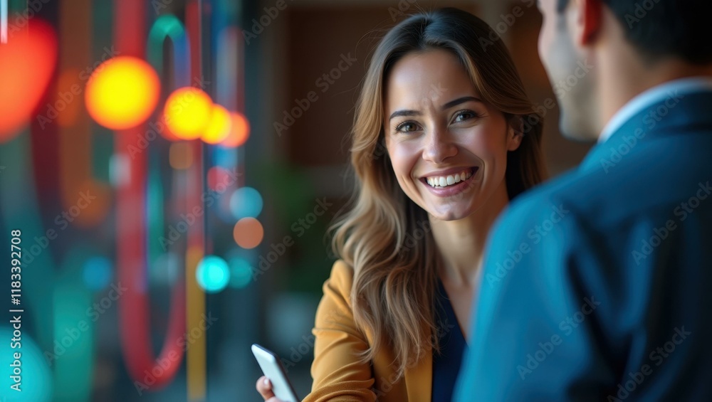 Obraz premium Close-up colorful cables and tech gear symbolizing team's integral roles in modern innovation Smiling Middle Eastern woman closing a business deal at a conference