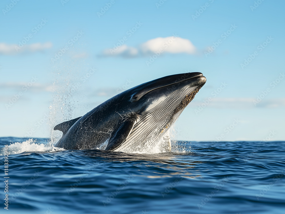 Fototapeta premium Bryde whale breaches ocean surface under clear blue sky.